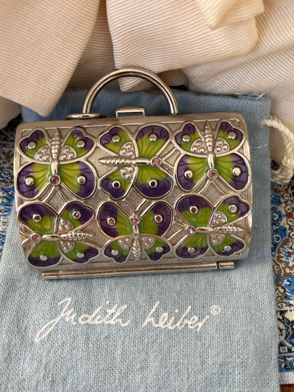 Judith Leiber Purple and Green Butterfly Minaudière Pillbox Trinket Box - Picture 9 of 12